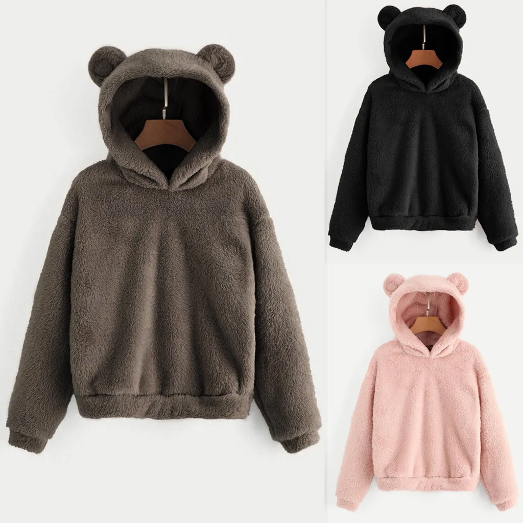 Winter Thick Warm Plush Coat Velvet Cashmere Women Hoody Sweatshirt Long Sleeve Fleece Warm Bear Shape Fuzzy Hoodie Pullover Top