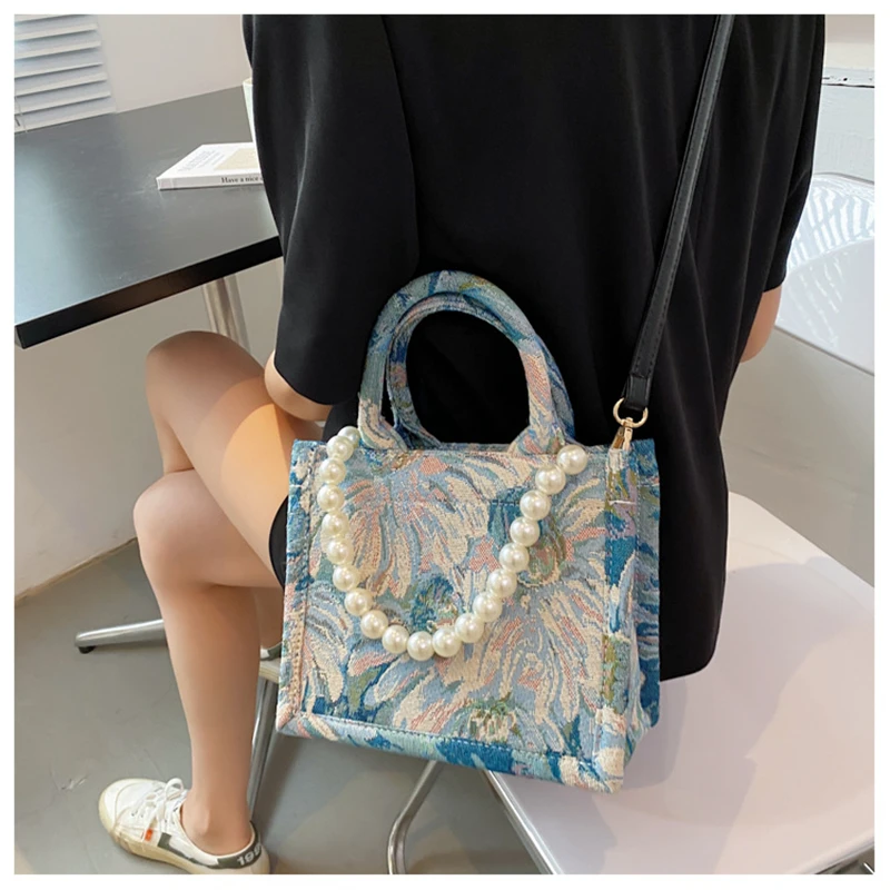 Unusual Design Denim Handbags for Women 2021Autumn New Luxury Woman Canvas Tote Bag Pearl Bead Decorated Diagonal Crossbag Femme