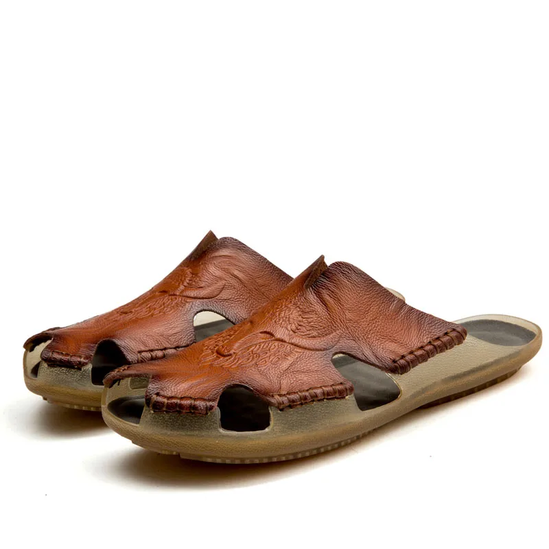 Soft Leather Sandals Men flip flops Sandalias Men Summer Shoes Comfort Leather Beach Sandals Hollow Men Shoes Foot Wear