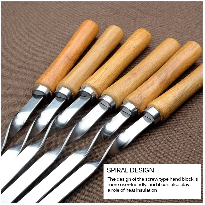 D2 6pcs BBQ Skewer Stainless Steel Shish Kebab BBQ Fork Set Long Flat Wood Handle Barbecue Needle Meat Grill Outdoor Tools