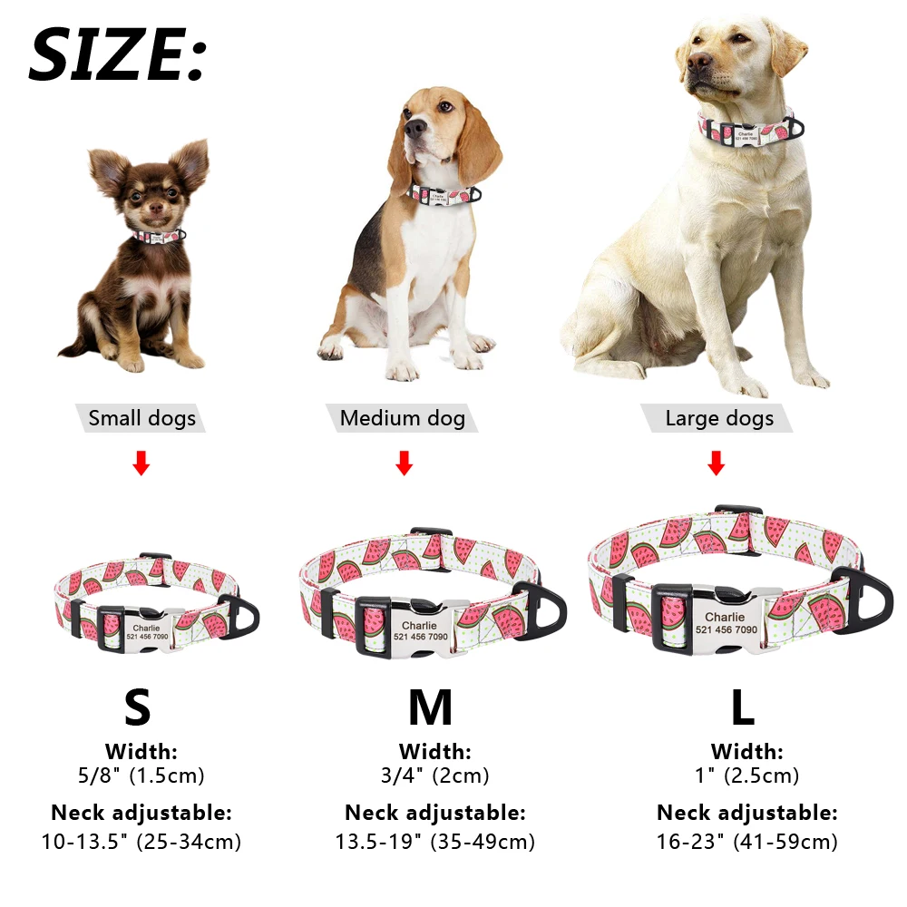 Nylon Print Dog Collar Personalized Pet Cat ID Collars Free Engraving Tag Nameplate for Small Medium Large Dogs Cats Pitbull Pug