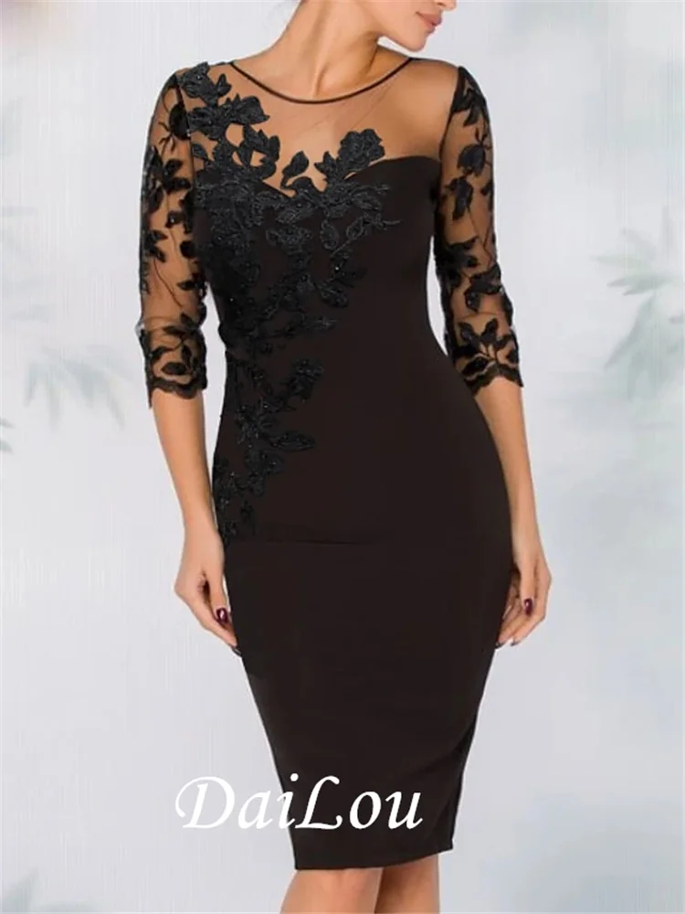 Sheath Elegant Wedding Guest Cocktail Party Dress Illusion Neck 3/4Length Sleeve Knee Length Polyester with Sequin Appliques2021