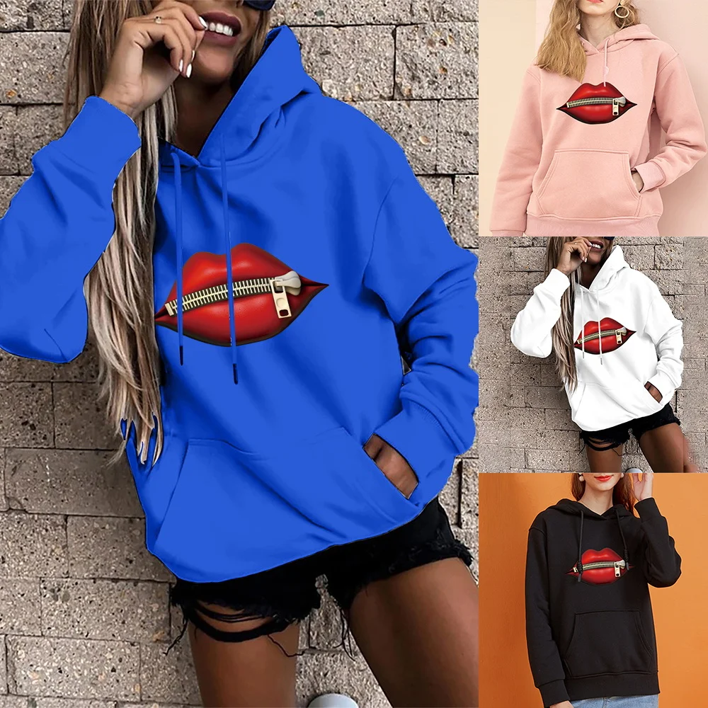 

Hoodie Women's Harajuku Loose Oversized Pocket Hoodie Sexy Lip Print Base Long Sleeve Tops Girl Casual Sports Pullover