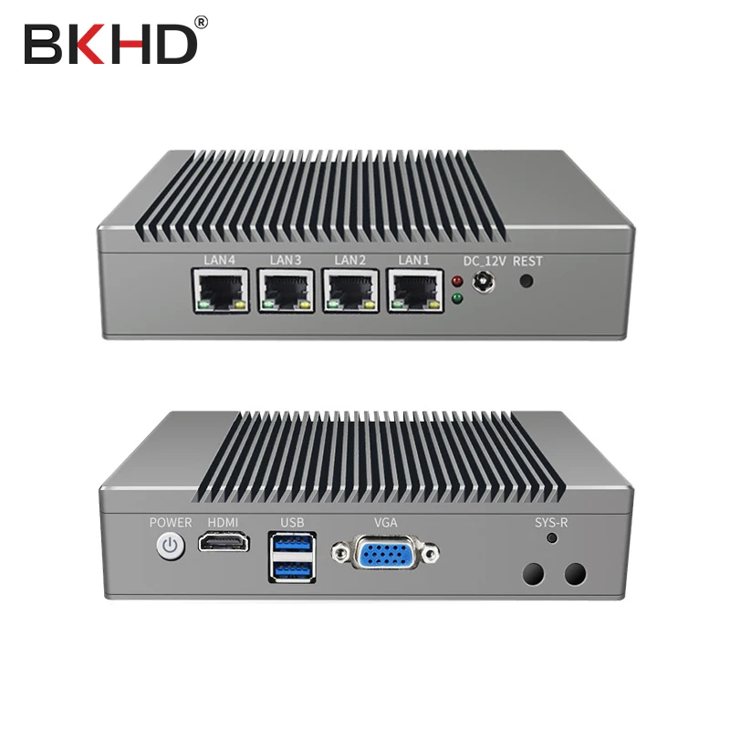 BKHD-Mini PC Linux Windows 10, Intel N2940, J1900, Façades Core CPU, 4 LAN, 2 * USB, Ordinateur industriel sans ventilateur, ExploFirewall Router pour les jeux