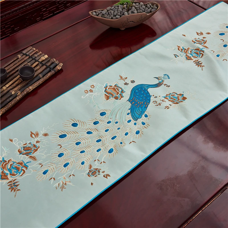 Fine Embroidery Peacock Chinese Silk Satin Table Cloth Runner Rectangle Party Coffee Tablecloth Luxury Decorative Placemats