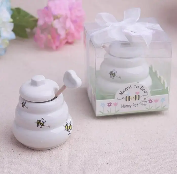 60pcs Meant to Bee Ceramic Honey Pot with Dipper Wedding Bridal Shower Favors free shipping SN50