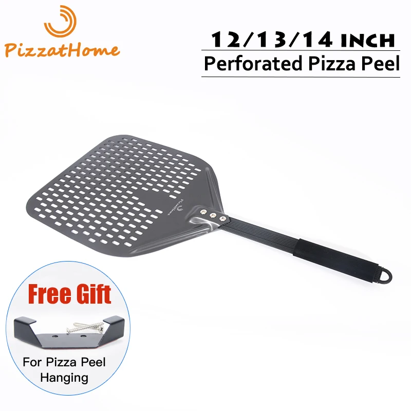 

PizzAtHome 14/13/12 Inch Perforated Pizza Peel Rectangular Pizza Shovel Aluminum Hard Coating Pizza Peel Paddle Short Pizza Tool