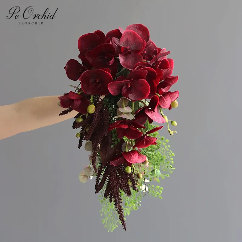 

PEORCHID Burgundy Cascading Wedding Flowers Waterfall Bridal Bouquet Ramo De flores Artificiales Orchid Bride Hand Bouquet