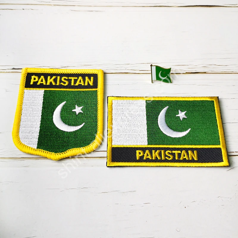 Pakistan National Flag Embroidery Patches Badge Shield And Square Shape Pin One Set On The Cloth Armband   Backpack  Decoration