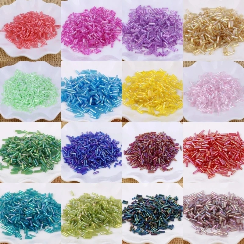 200Pcs/10g/Bag Transparent Glass Tube Beads 2*6mm Silver Core Glass Seed Bugle Beads Embroidery Jewelry DIY Garment Accessories