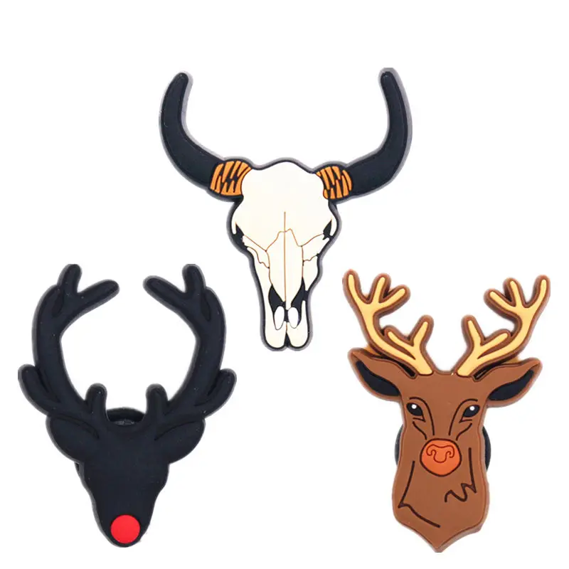 DropShipping 1 Pcs Deer Portrait Shoe Charms Accessories Rudolph Deer Skull Shoes Buckle Decorations Fit Wristband Kids Gifts