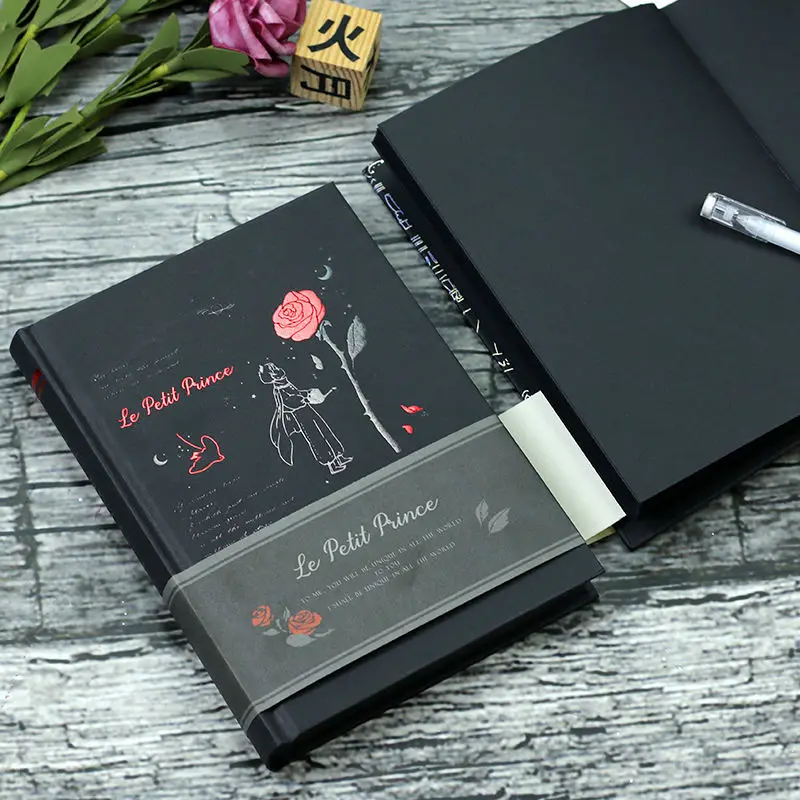 Livro de mão pintados à mão DIY, em branco, papel preto, papel preto, página interna, em branco, cartão, diário, caderno, pequeno príncipe, A5