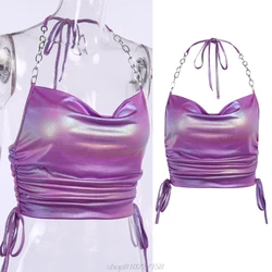 Women Summer Ruched Drawstring Halter Crop Top Glitter Metallic Holographic Camisole Sexy Backless Metal Chain M04 21 Dropship