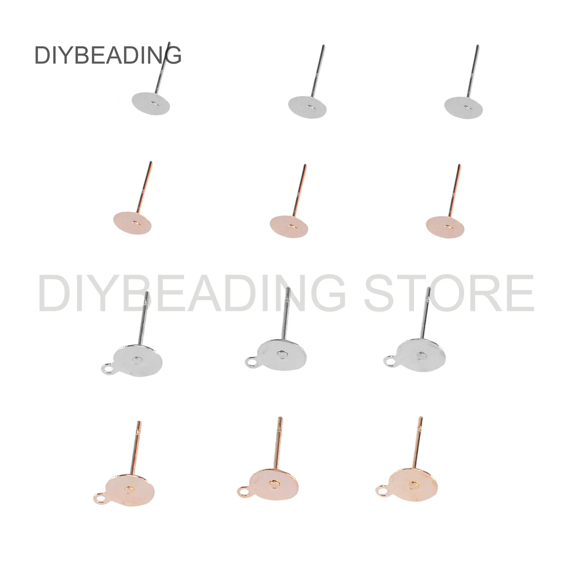 100-200 Pcs Flat Back Stud Earring Post 6mm 8mm 10mm White Gold/KC Gold Plated Metal Flat Pad Earnut Back Finding Glue on Earrin