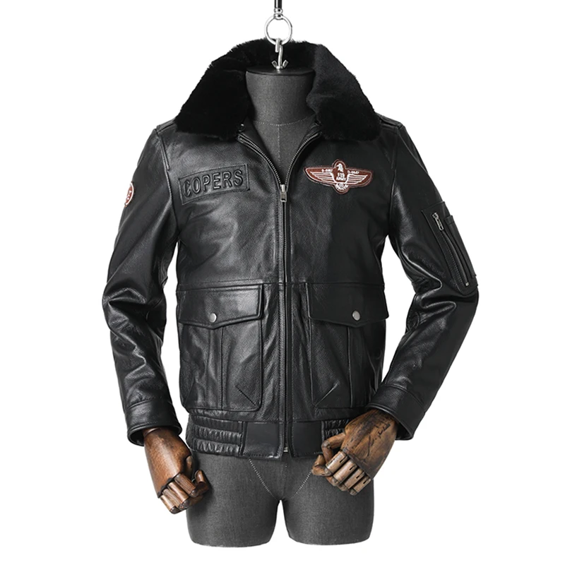 

Men's The First Layer Cowhide Jacket A2 Air Force Flying Suit Large Size Winter Outdoor Riding Battle Hunting Coat Fur Collar