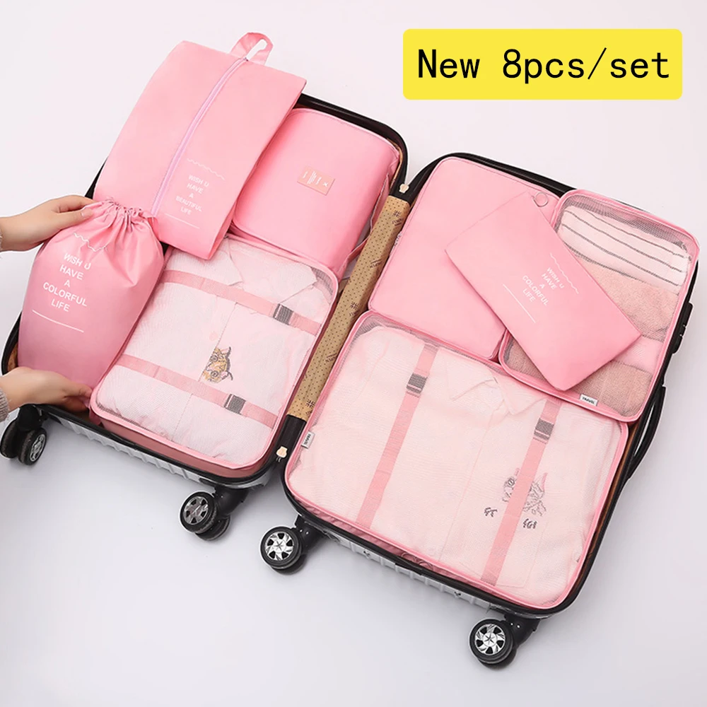 

New 8Pcs/set Pink Travel Storage bags For Traveling Accessories Travel Organizer Cosmetic Luggage Large Suitcase Travel Set Kit