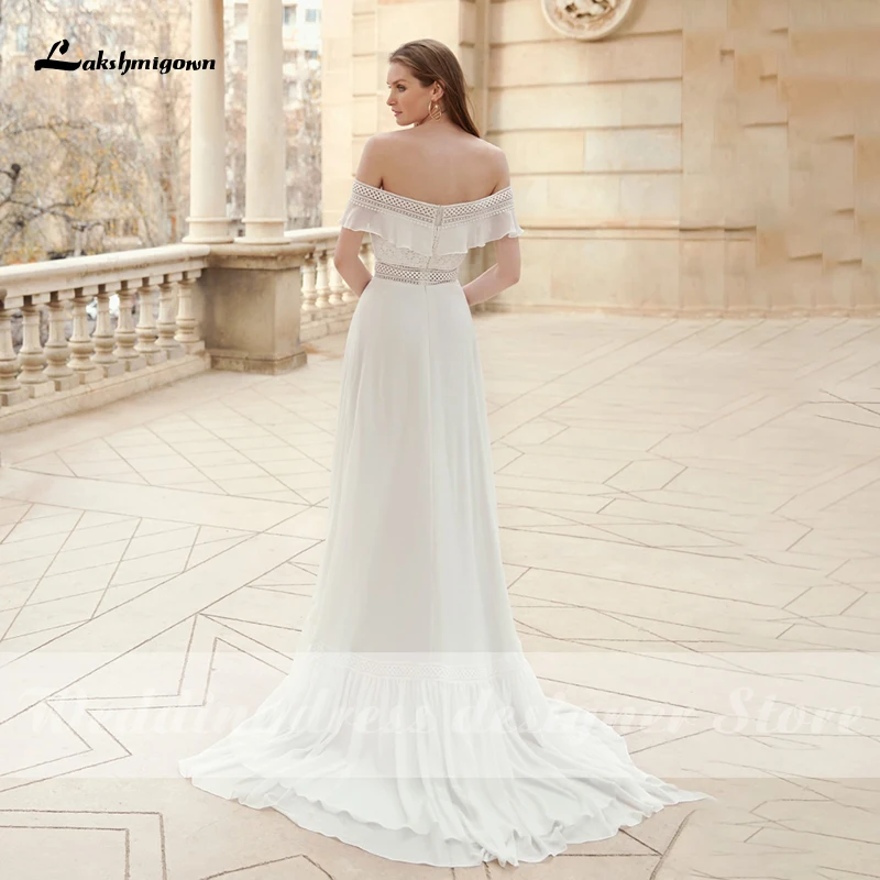 Lakshmigown – robe de mariée élégante en mousseline de soie, épaules dénudées, dentelle, balayage avec traîne, ligne A, style Boho, 2021