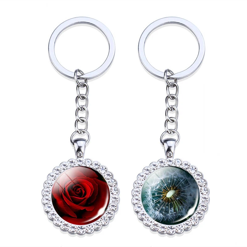 2021 New Sunflower Daisy Rose Peony Blue Enchantress Dandelion Keychain Rhinestone Glass Key Chain Keyring Flowers Jewelry Gift