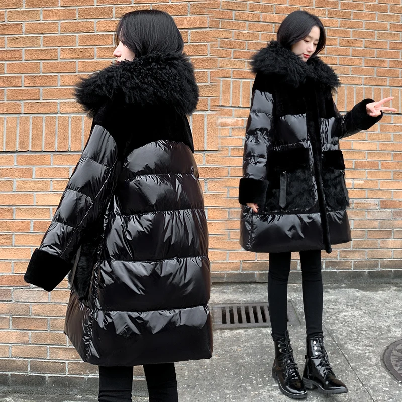 Black Glossy Women\'s 90%White duck down Jacket 2024 Winter Korean Loose Down Coat Windproof Rainproof Thicken Parkas Coat Female