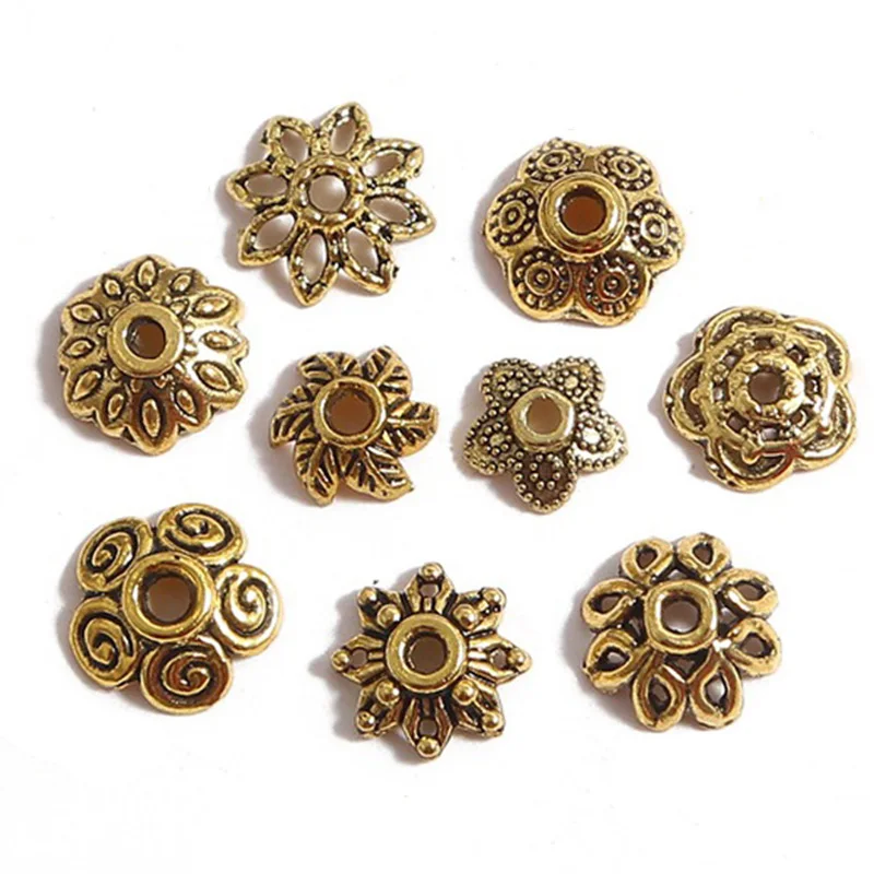 50pcs Antique Gold Color Metal Flower Loose Spacer Beads Caps Wholesale lot for Jewelry Making DIY Crafts Findings 32#~53#