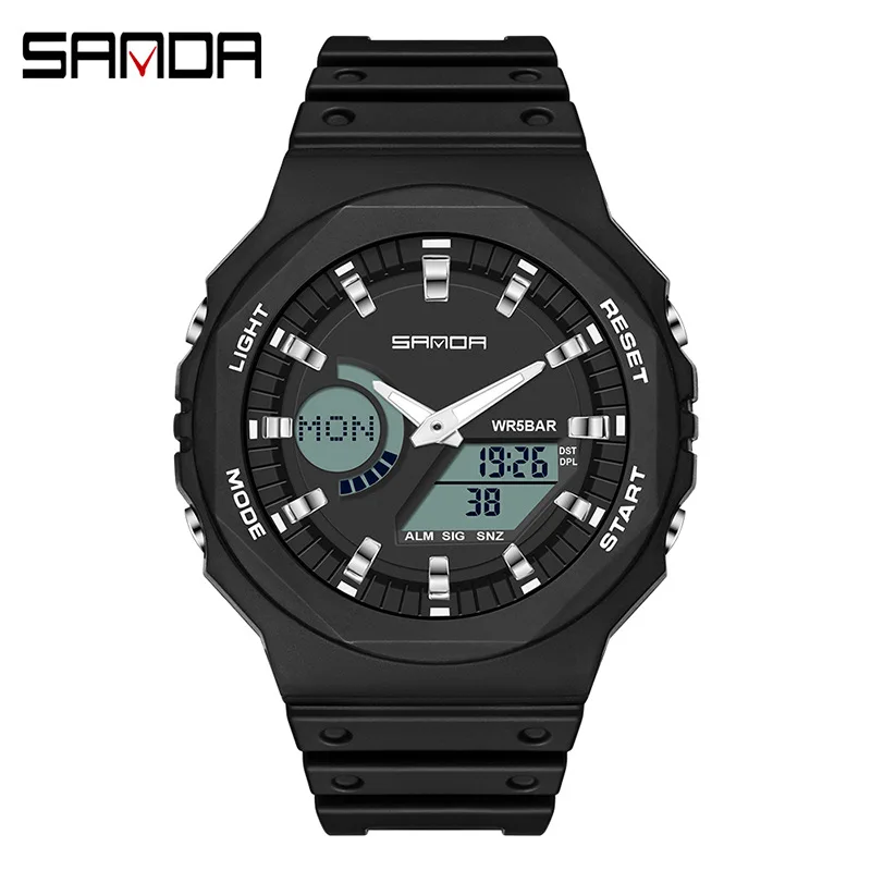 Waterproof Sports Watches For Men Women Fashion Octagonal Outline Electronic Wristwatch Acrylic Mirror Dual Display Daily Clock