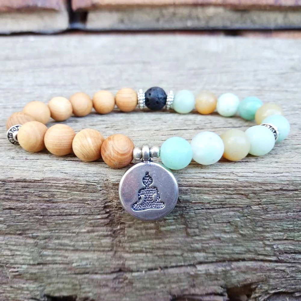 

Wholesale 8 mm Sandwood Amazonite Bracelet Handmade Womens Yoga Mala Bracelet Natural Heart Chakra Mala Beads Bracelet
