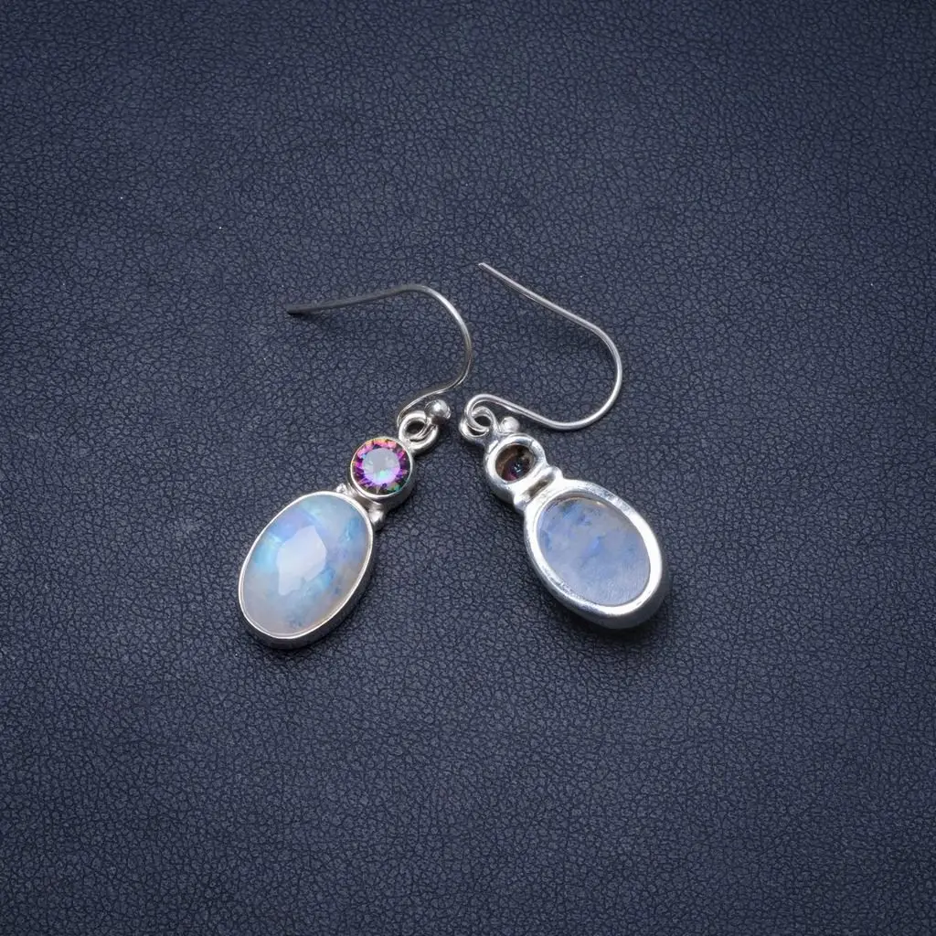 

Natural Rainbow Moonstone and Mystical Topaz Handmade Unique 925 Sterling Silver Earrings 1.25" Y0280