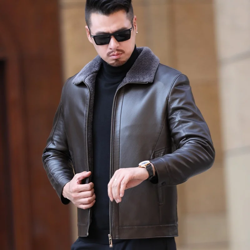 New 2022 Autumn Winter Mens Clothing Zipper Coat Natural Fur Sheepskin Genuine Leather Jacket Oversize Parka Male For Man M-4XL