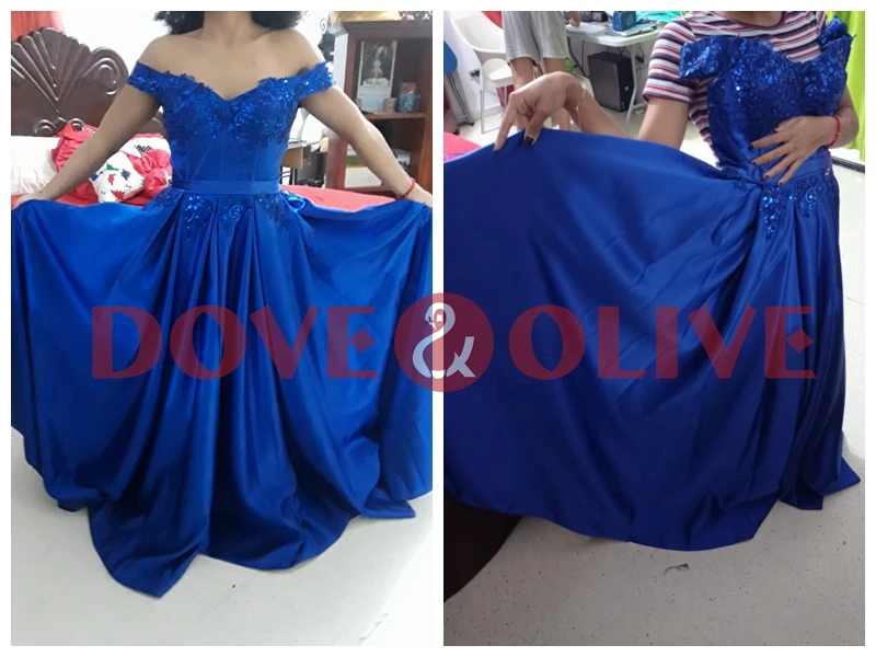 Royal Blue Prom Gaun Satin Lace Beaded Wanita Gaun Malam Pertunangan Pesta Gaun Sayang Tanpa Tali Garis Menyesuaikan