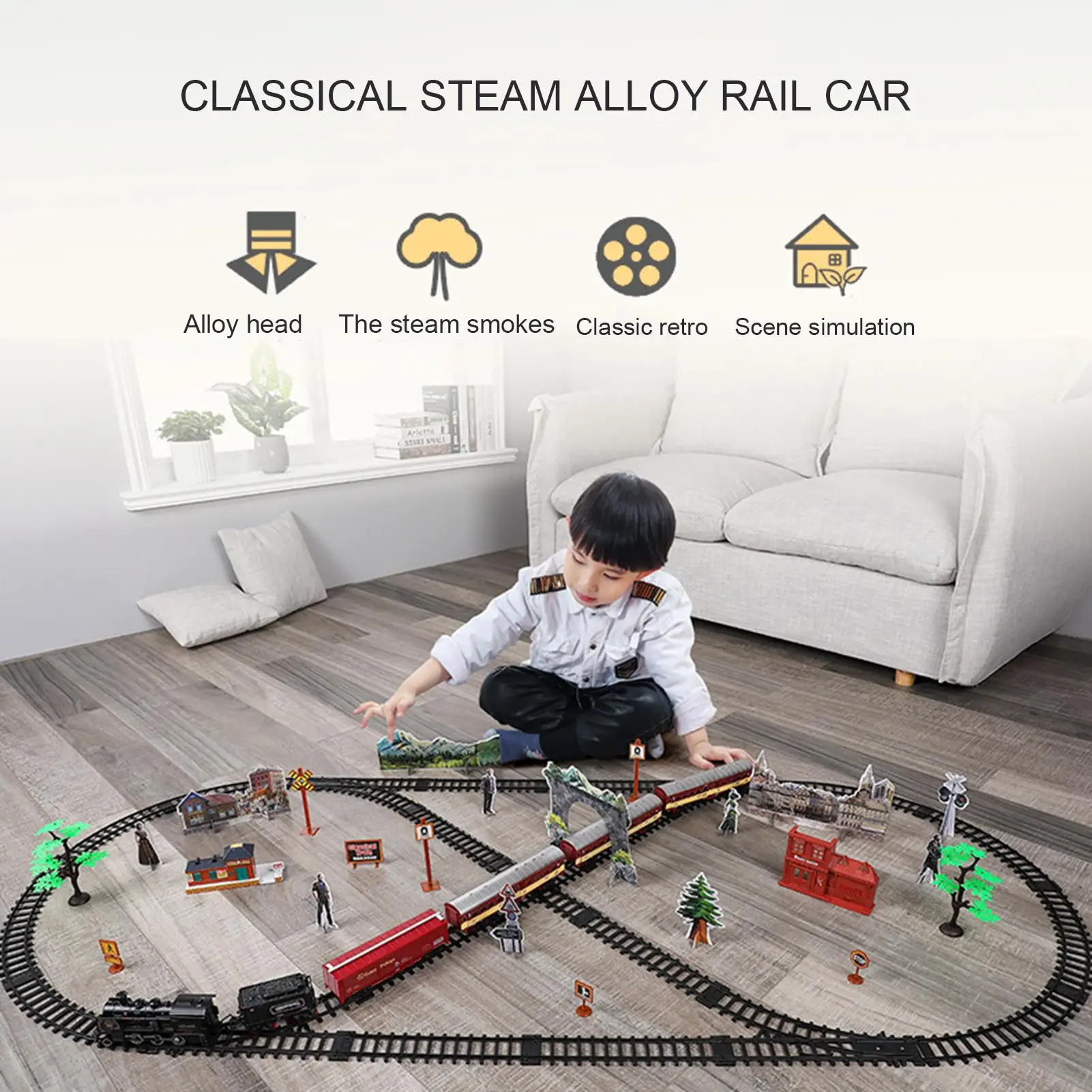 Battery Operated Railway Classical Freight Train Water Steam Locomotive Playset Simulation Model Track Toys for Children's Gifts