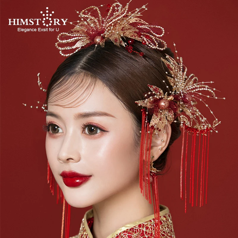 Himstory-borla roja hecha a mano, accesorios para el cabello para novias, tocado de boda clásico chino, joyería para el cabello