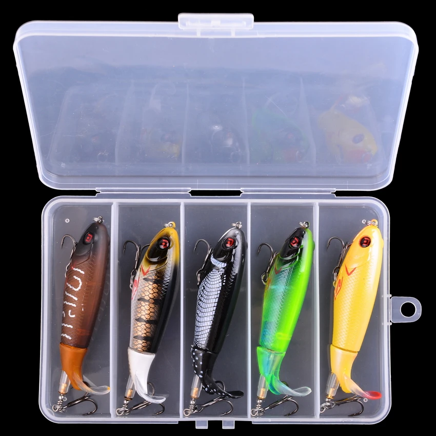 5PCS/BOX 100mm Floating Popper Fishing Lure Set Artificial Hard Bait Lures Soft Rotating Tail Fishing Tackle Box