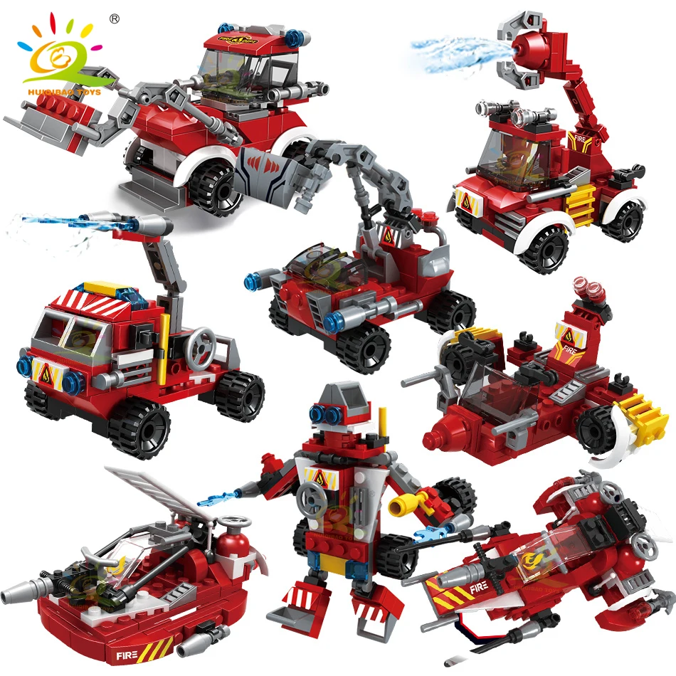 HUIQIBAO 806pcs 8in1 City Fire Truck Model Building Blocks Firefighting Set Fireman Figures Bricks Construction Toy for Children