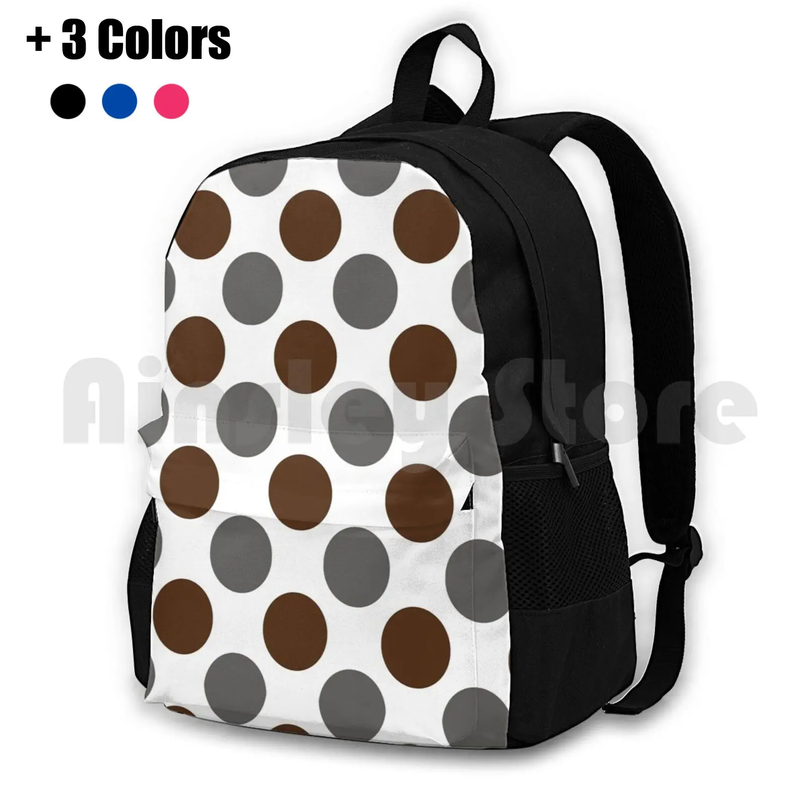 Grey-Brown Polka Dots Large On White Outdoor Hiking Backpack Waterproof Camping Travel Polka Dot Polkadot Polka Dots Dots Spots