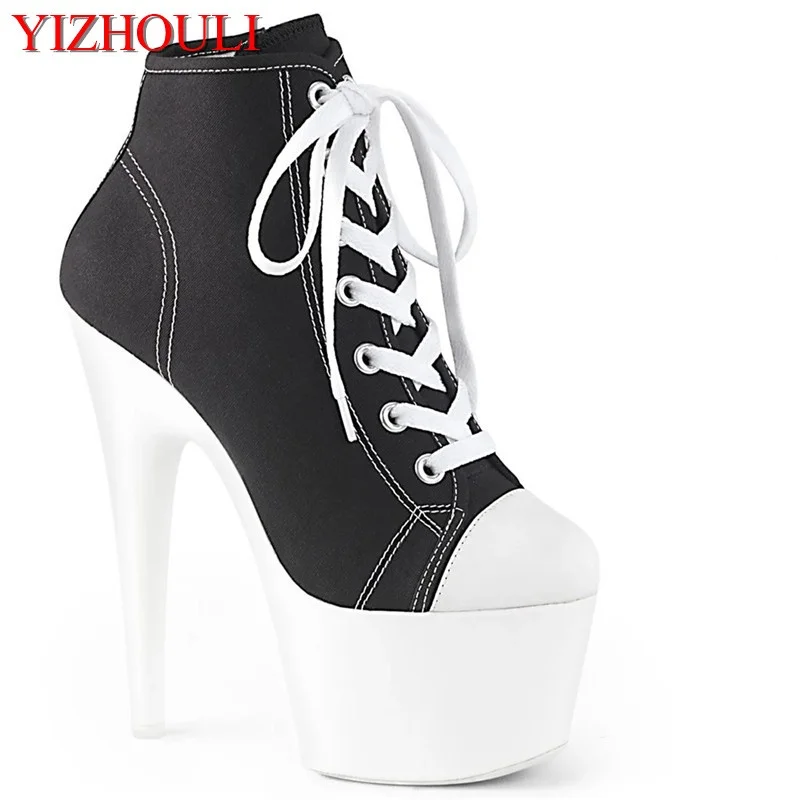 

7 inch canvas boots, sexy lady stage show heels, banquet pole dancing 17 cm high heel ankle boots