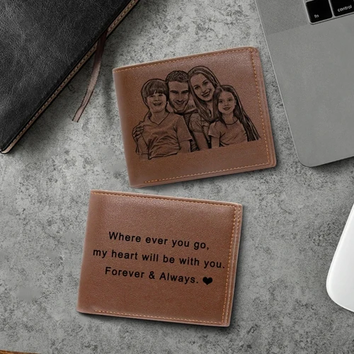 Imagen 2 del producto Cartera con imagen para hombre, cartera de negocios corta ultrafina de cuero de vaca de moda, bifold Diy, foto personalizada, monedero con texto tallado, regalo del Día de San Valentín