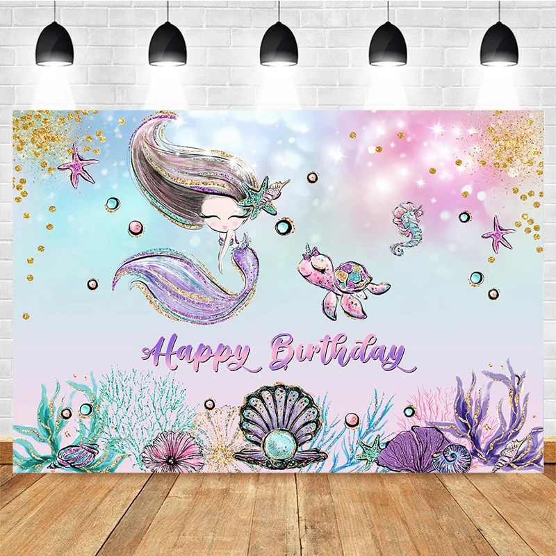 Mermaid Happy Birthday Photography Background Under The Sea Mermaid Girl Birthday Cake Decoration Banner Glitter Colorful Studio