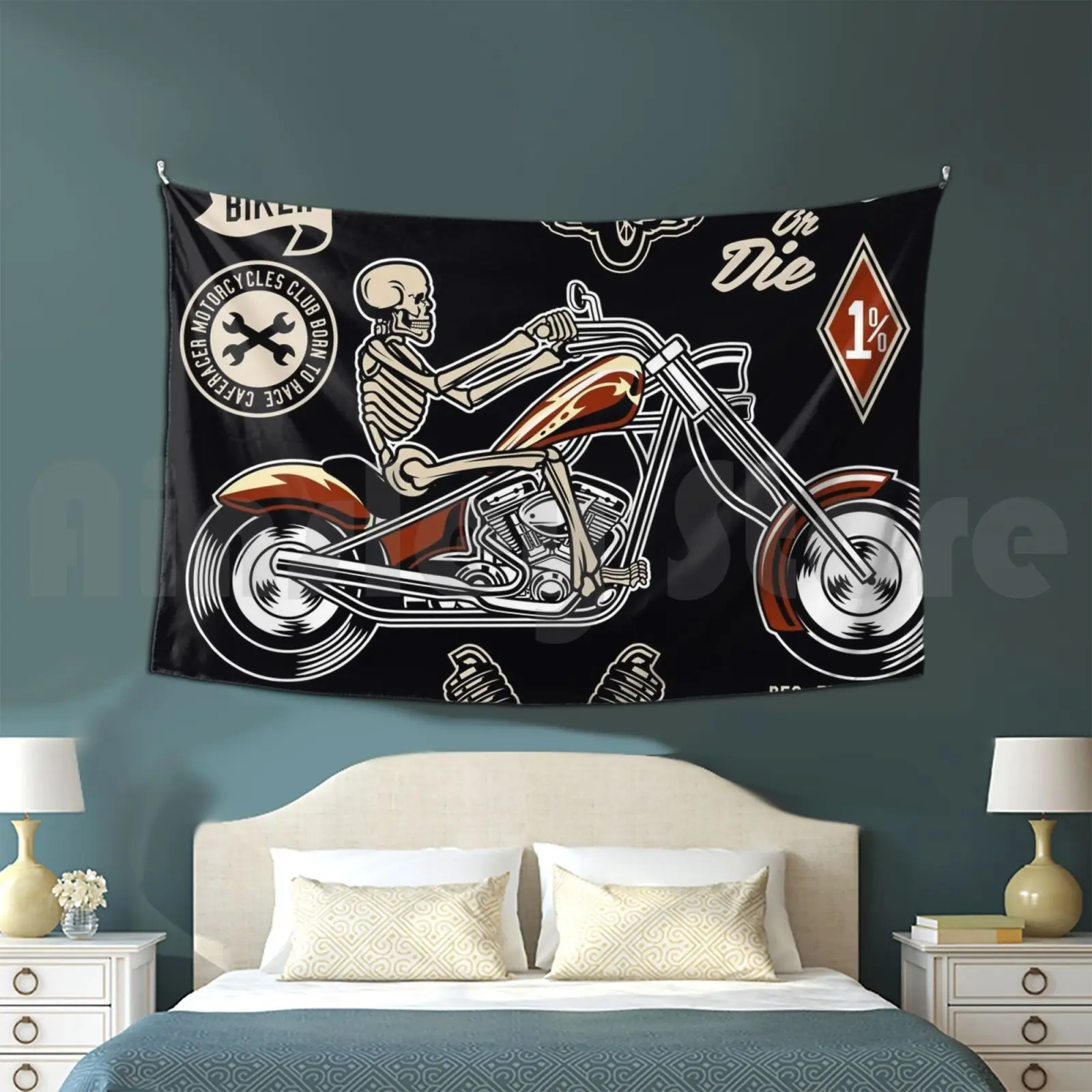 Motorebel Skull-Poster Tapestry Background Wall Hanging Rocker Biker Racing Bearded Hipster Moustache Motobike