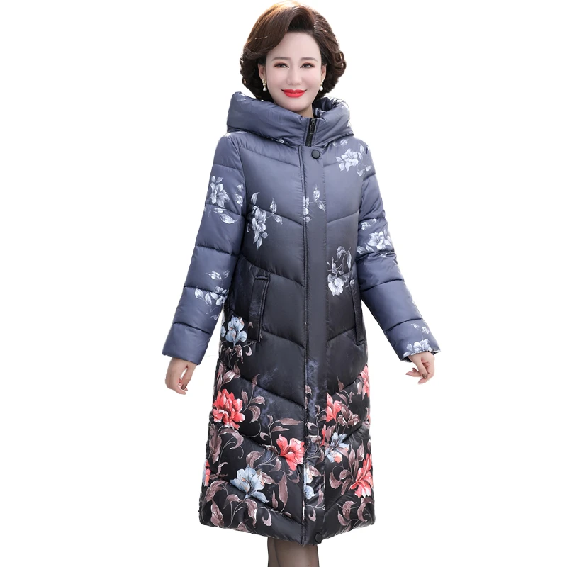 Women Winter Fashion Long Cotton Padded Coats Female Middle-aged Loose Warm Jackets Ladies Printed Hooded Overcoats