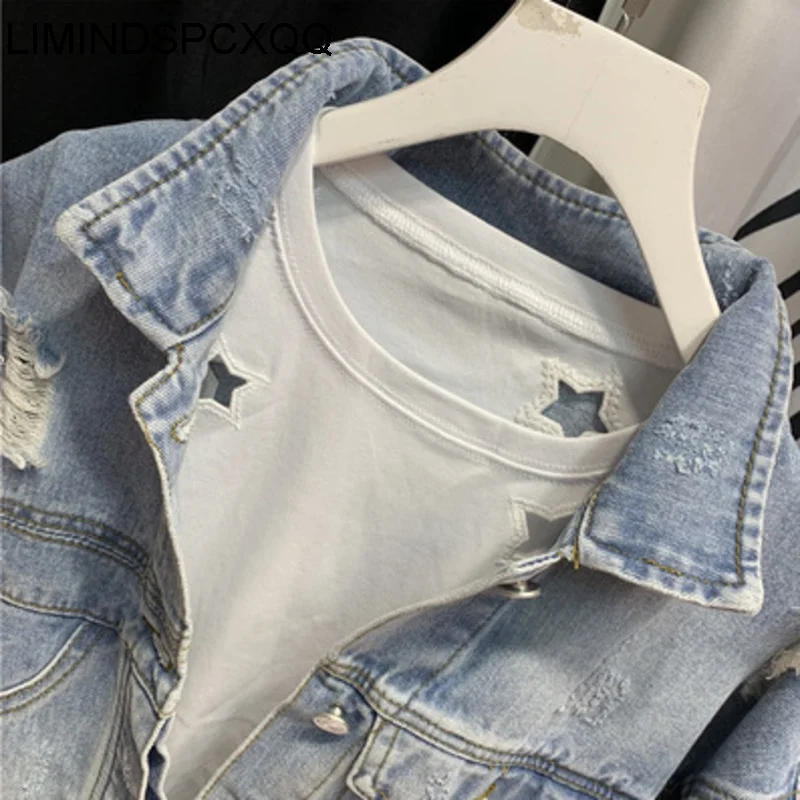 2023 Hole Bat Sleeve Short Jean Jacket Women Denim Jacket Spring Ripped Loose Coat Korean Harajuku European Style Roupa Feminina