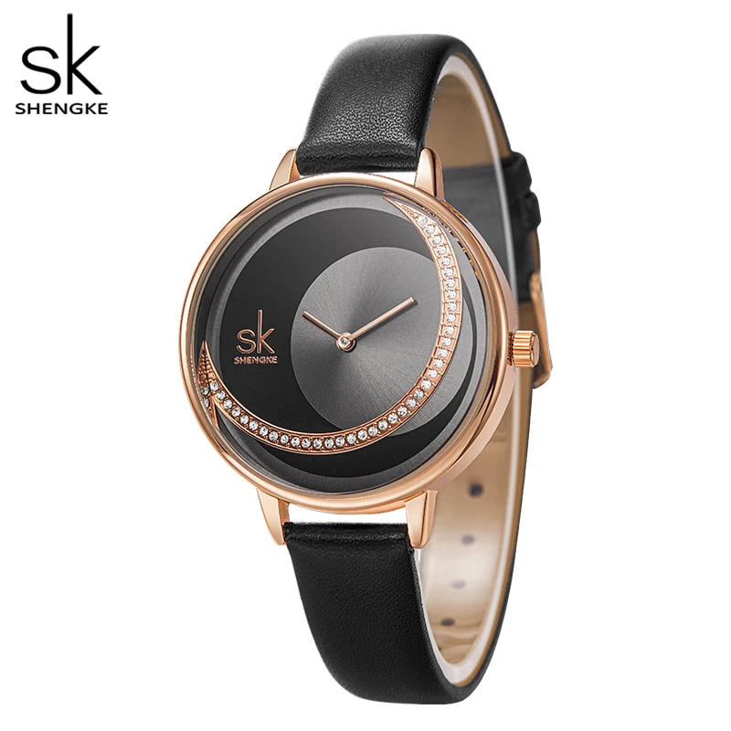 Shengke Creative Watch For Women Black Leather Dress Women\'s Watch Original Brand Quartz Wrist Watches Creative Reloj Mujer