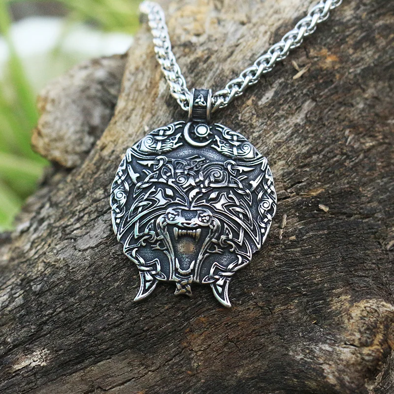 

10pcs Men stainless steel viking wolf head pendant celt wolf necklace norse talisman moon and sun ethnic jewelry