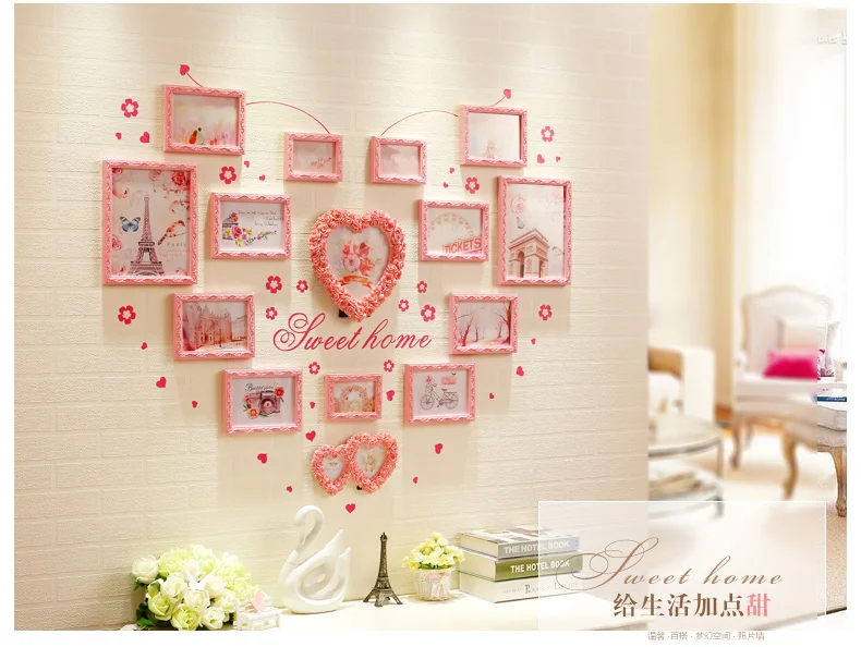 European Heart-Shaped Photo Wall Solid Wood Living Room Bedroom Decoration Background Creative Wall Photo Frame Combination