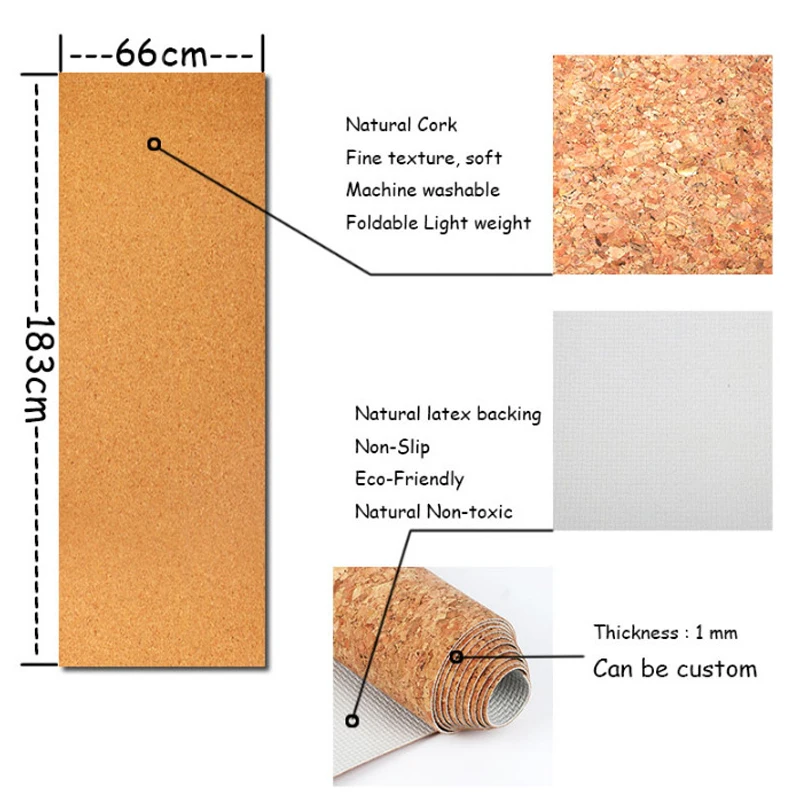 Cork Yoga Mat Pilates Natural Latex Wet and Dry Use Wide Yoga Mat Can Be Easily Folded 183cm * 66cm * 0.1cm Yoga Esteras