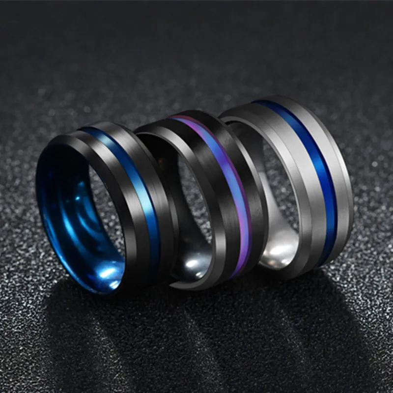 Trendy 8MM Black Blue Groove Stainless Steel Ring For Woman Men Wedding Bands Rainbow Couples Rings Male Jewelry Drop shipping