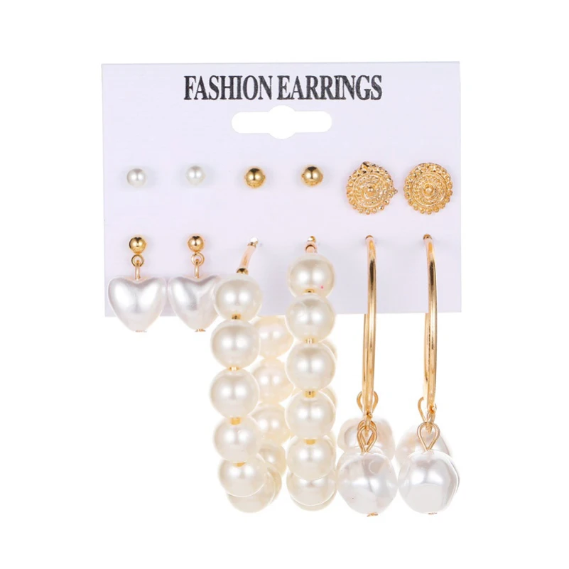 6 Pcs / Set  Simulated Pearl Hollow Circle Exaggerated Fashion Charm Bling Alloy Drop Dangle Earrings For Women