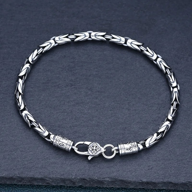 Solid Silver Personalized Vajra Link Bracelet 925 Sterling Silver Six-character Mantra Hand Chain Trendy Jewelry Man Woman