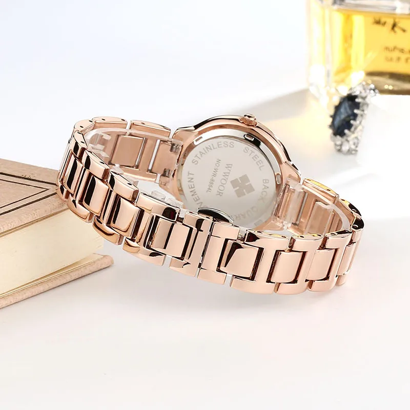 WWOOR Ladies Watches Top Brand Luxury Diamond Rose Gold  Bracelet Watches For Women Stainless Steel Blue Dial Quartz Wrist Watch