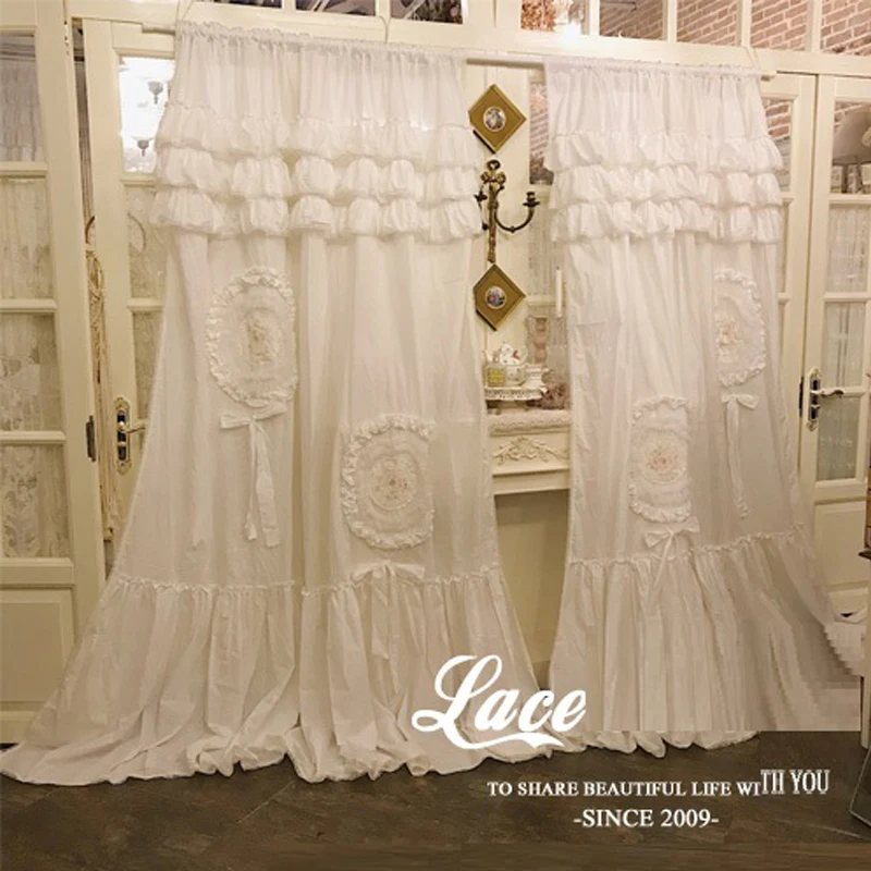 Handmade 100% Cotton Blackout Curtains Princess Ruffles Cake Layer Soild White Cortinas Lolita Palace Luxury Brand Window Drapes