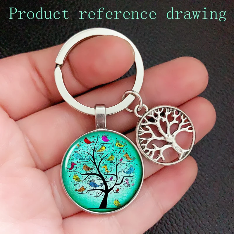 New Keychain Bird and Tree of Life Glass Convex Metal Key Ring Jewelry Daughter\'s Birthday Gift for Tree of Life